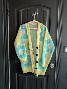 HYFVE Floral Button-Front Cardigan in Lime Green and Turquoise